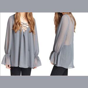 Show Me Your Mumu Womens S Lace-Up Blouse Gray Sheer Chiffon Romantic Flowy